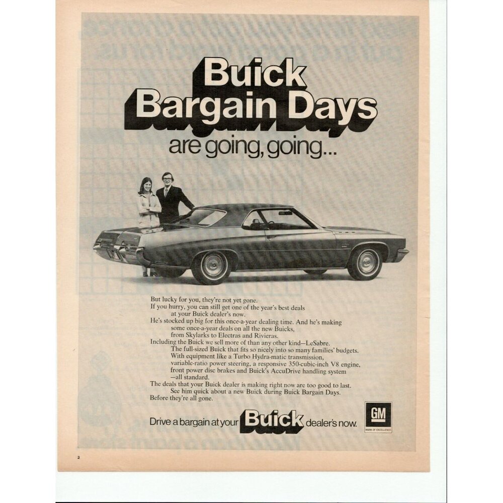 1972 Buick Bargain Days Vintage Print Ad LeSabre Riviera Electra (L22)